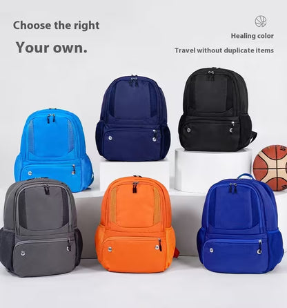 Collection of backpacks in various colors on a white background with text about choosing the right color.