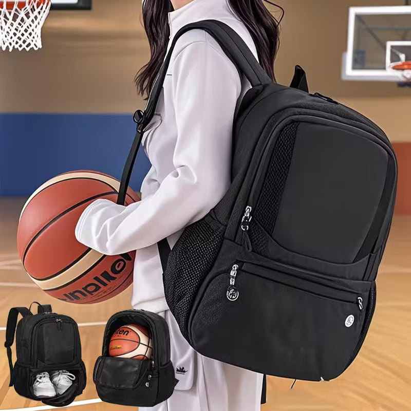 Person holding a basketball and a black backpack on a basketball court