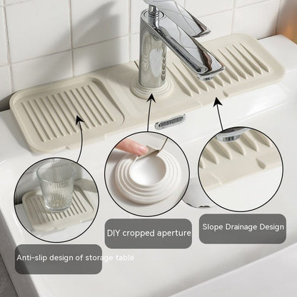 Beige sink mat with drainage design on a kitchen counter
