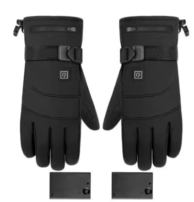Pair of black heated gloves with a power button on a white background
