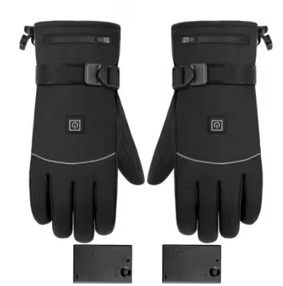 Pair of black heated gloves with battery packs on a white background