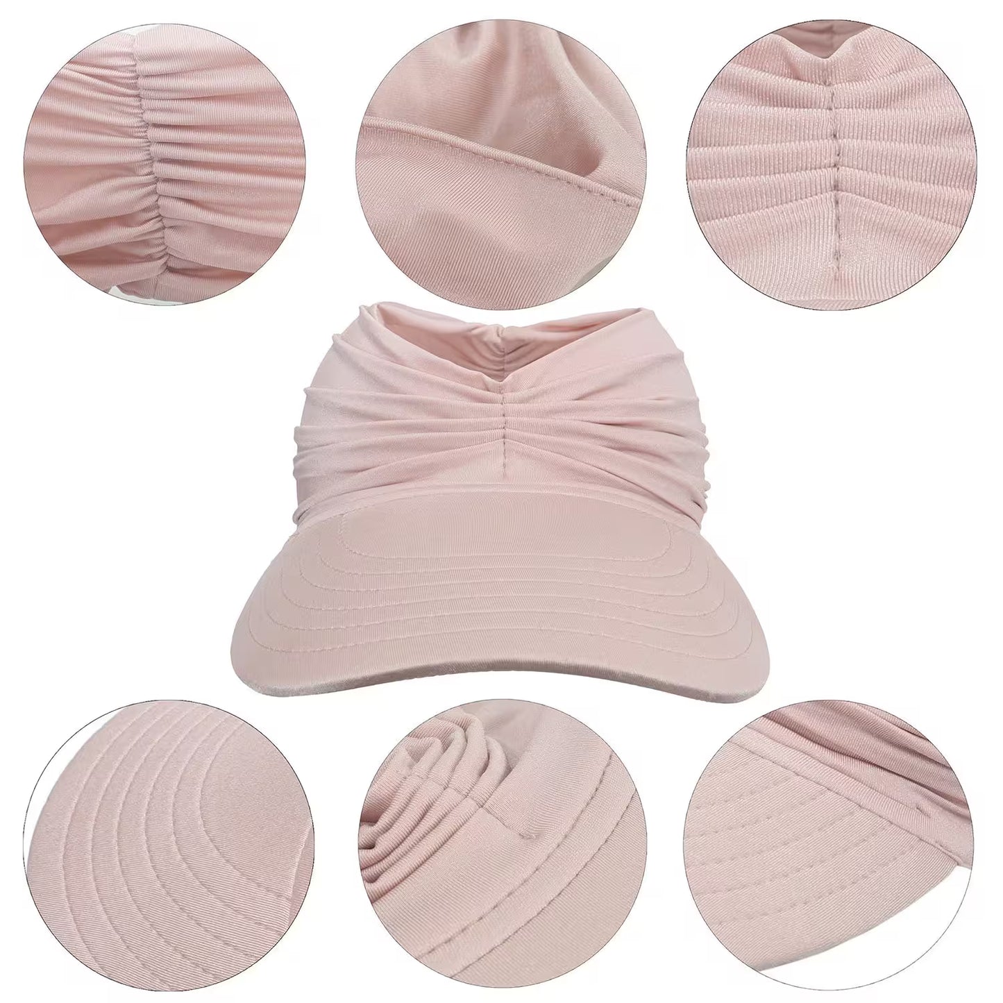 Pink visor hat with close-up details on a white background