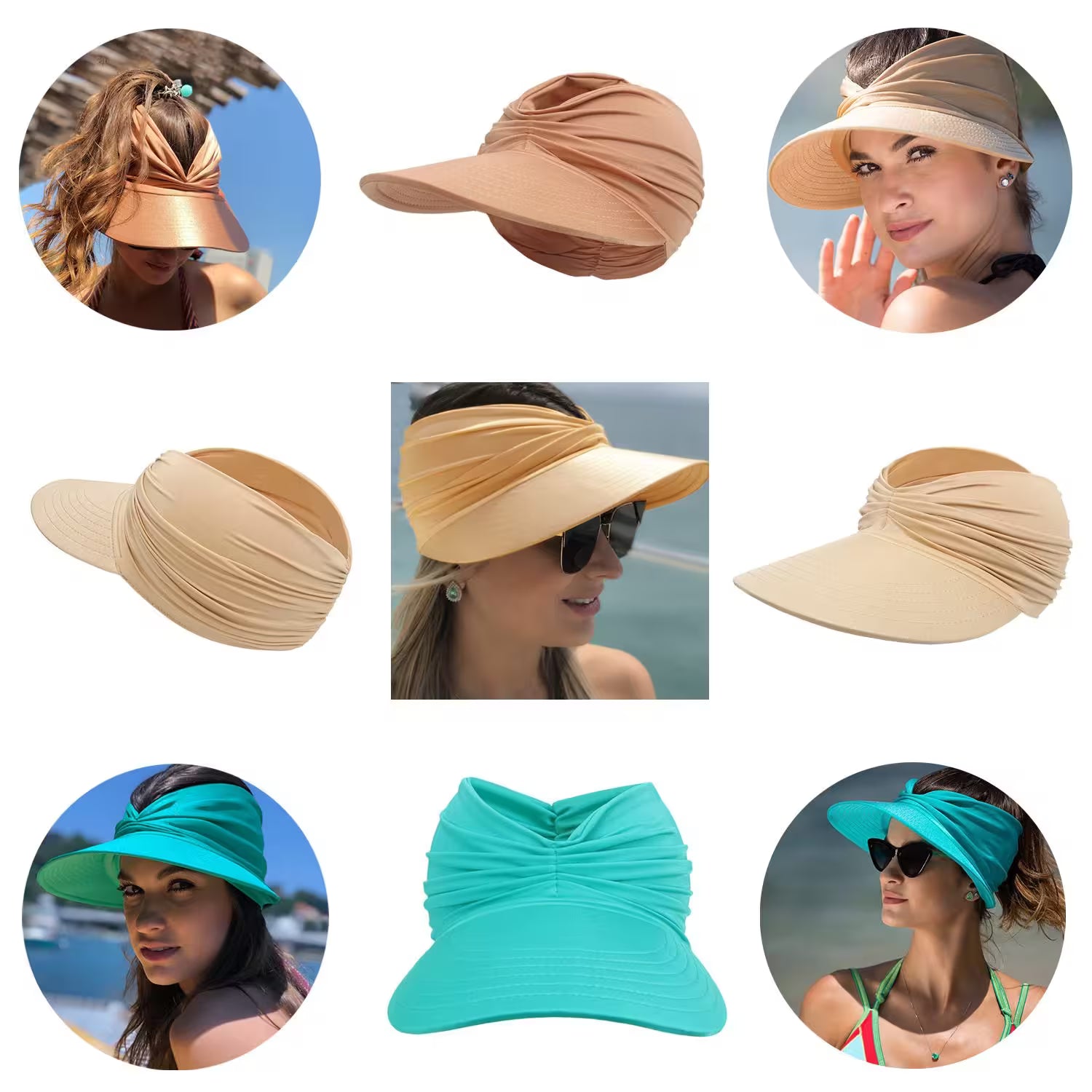 Collage of women wearing various visors and sunhats in different colors and styles.
