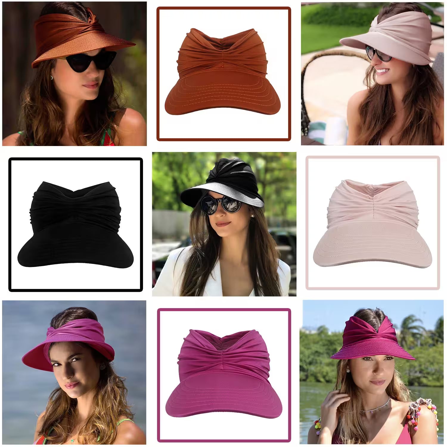 Collage of women wearing various colored visors outdoors.