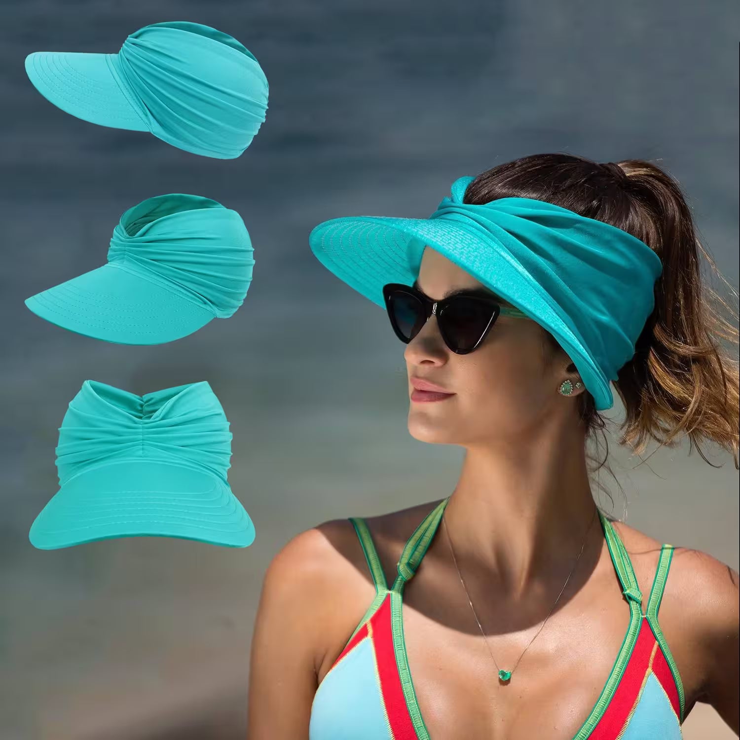 Woman wearing a turquoise visor with additional visors displayed on a beach background