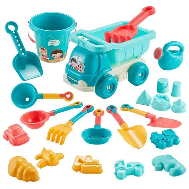 Set of colorful sand toys including a truck, bucket, and various tools on a white background