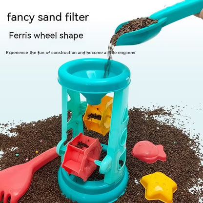 Toy sand filter with Ferris wheel shape, surrounded by sand and toys on a light background.