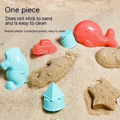 Colorful sand toys including a fish, car, and seahorse on sand with text about their features.