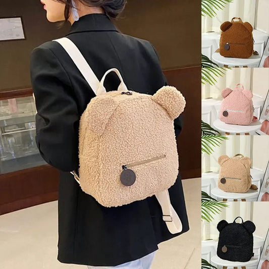 Beige teddy bear backpack worn by a person indoors, with additional images of similar backpacks on a shelf.