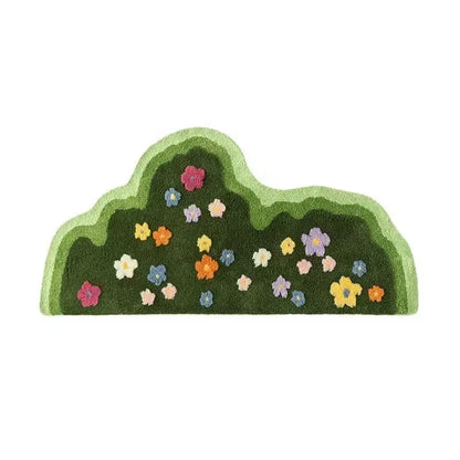 Green rug with colorful flowers on a white background