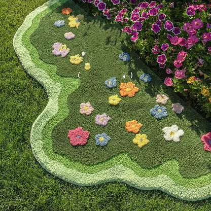 Decorative rug shaped like a tree with colorful flowers on grass