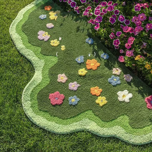 Decorative rug shaped like a tree with colorful flowers on grass