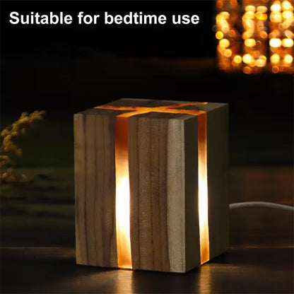 Wooden night light suitable for bedtime use with a blurred background of lights.