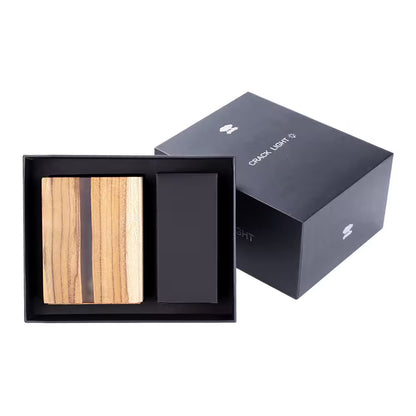 Wooden product in an open black box with 'CRACK LIGHT' branding on a white background