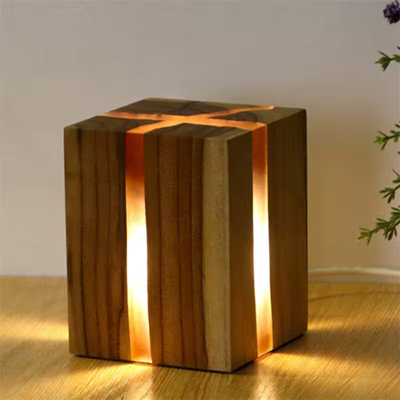 Wooden lamp with a geometric design on a wooden surface