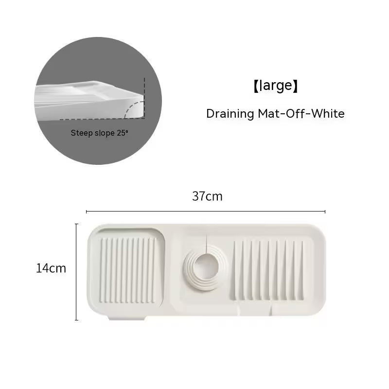 White draining mat with dimensions and slope angle on a white background
