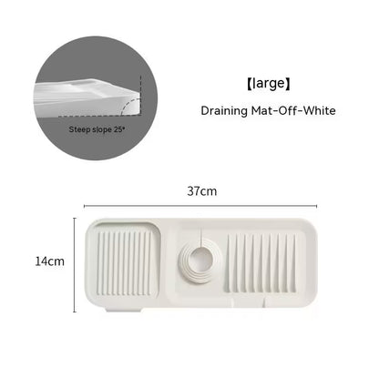 White draining mat with dimensions and slope angle on a white background