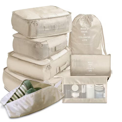 Set of beige packing cubes and bags with text on a white background