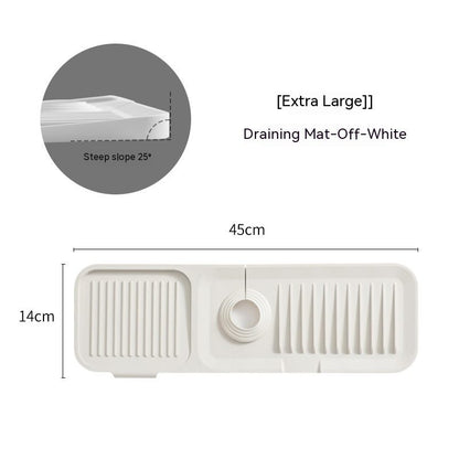 White draining mat with dimensions and slope angle on a white background