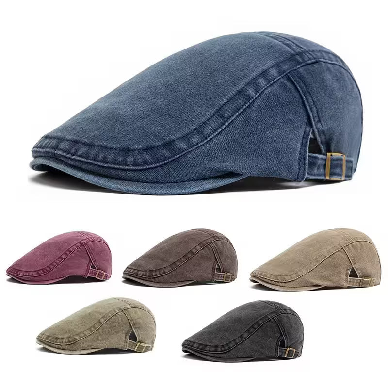 Collection of denim caps in various colors on a white background