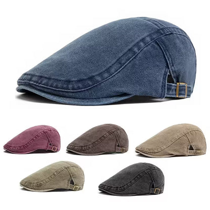 Collection of denim caps in various colors on a white background