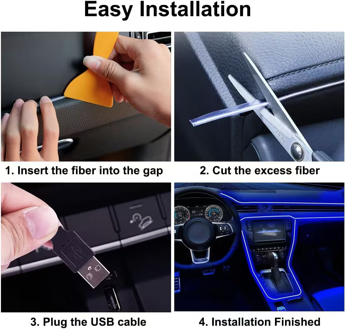 Best Car LED Lights With USB Drive – 16.5ft Fiber Optic Neon Wire, 7 Colors, Plug-and-Play, Interior Atmosphere Lighting