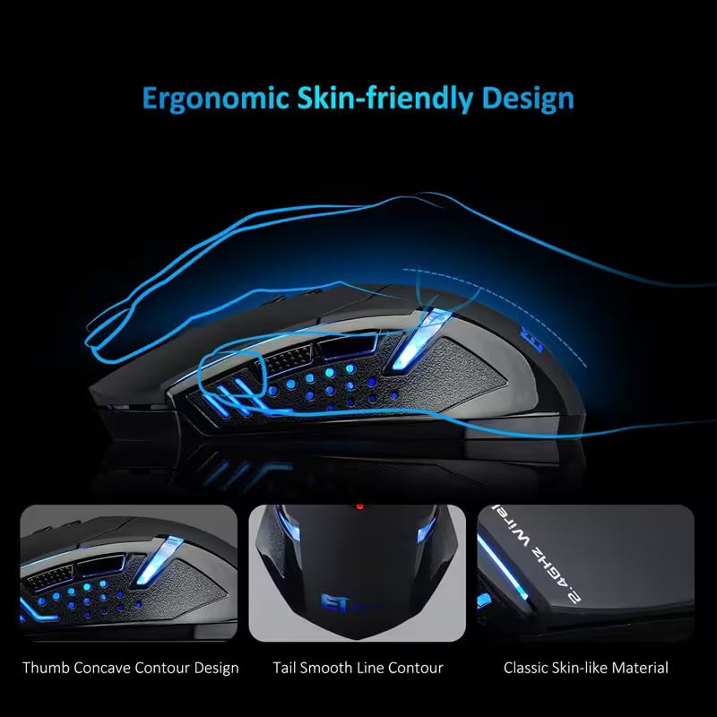 Best Gaming Wireless Mouse 2.4GHz | Silent Click Ergonomic Optical Mouse | 15m Range | RGB LED