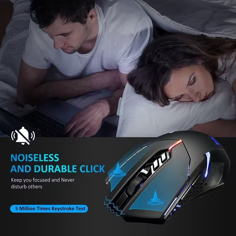 Best Gaming Wireless Mouse 2.4GHz | Silent Click Ergonomic Optical Mouse | 15m Range | RGB LED