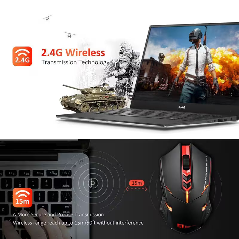 Best Gaming Wireless Mouse 2.4GHz | Silent Click Ergonomic Optical Mouse | 15m Range | RGB LED