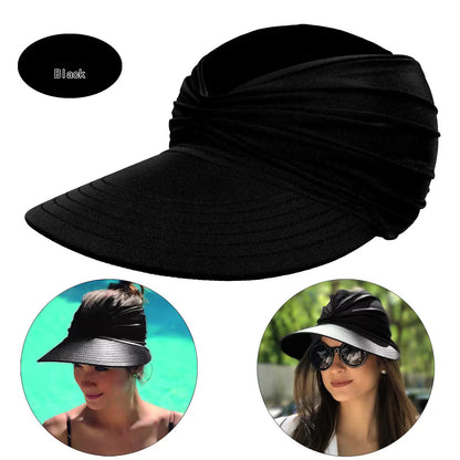 Black visor cap with additional images of a woman wearing it outdoors.