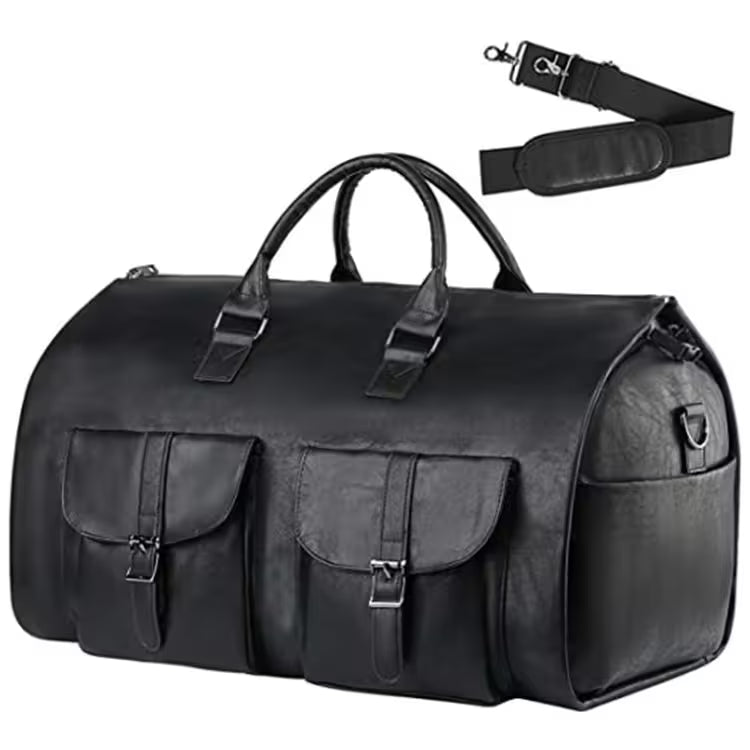 Black leather duffel bag with shoulder strap on a white background