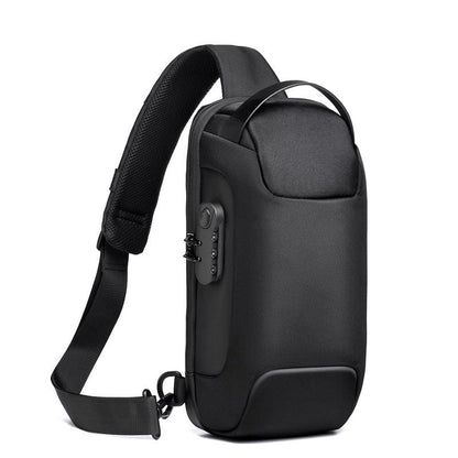 Black sling bag with a strap on a white background