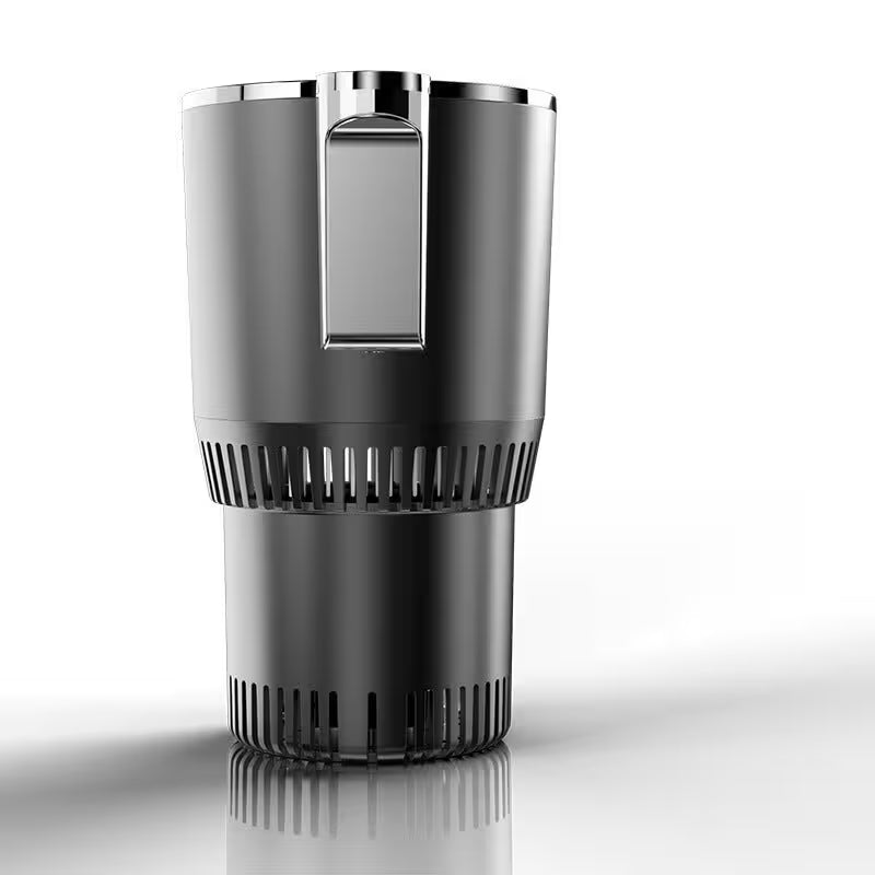 Black and silver cylindrical device on a white background
