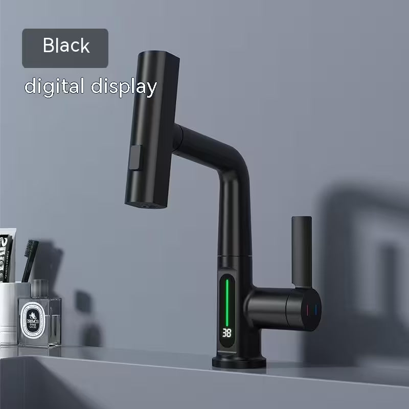 Black kitchen faucet with digital display on a gray countertop
