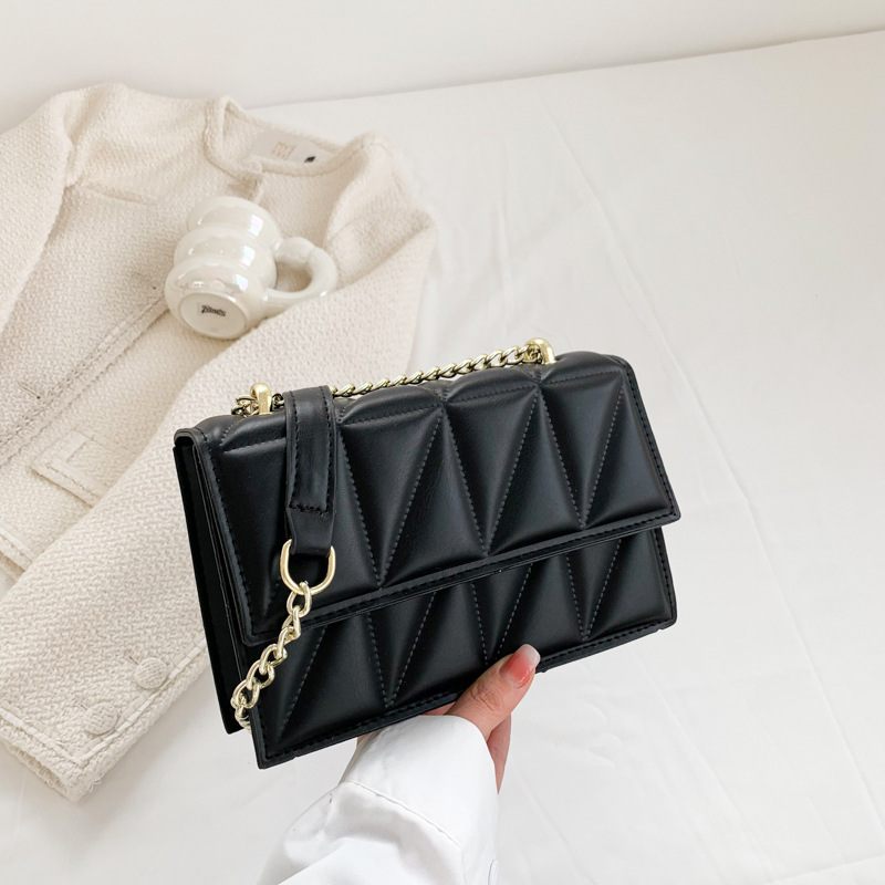 Black quilted handbag with gold chain strap held by a person wearing a white coat.