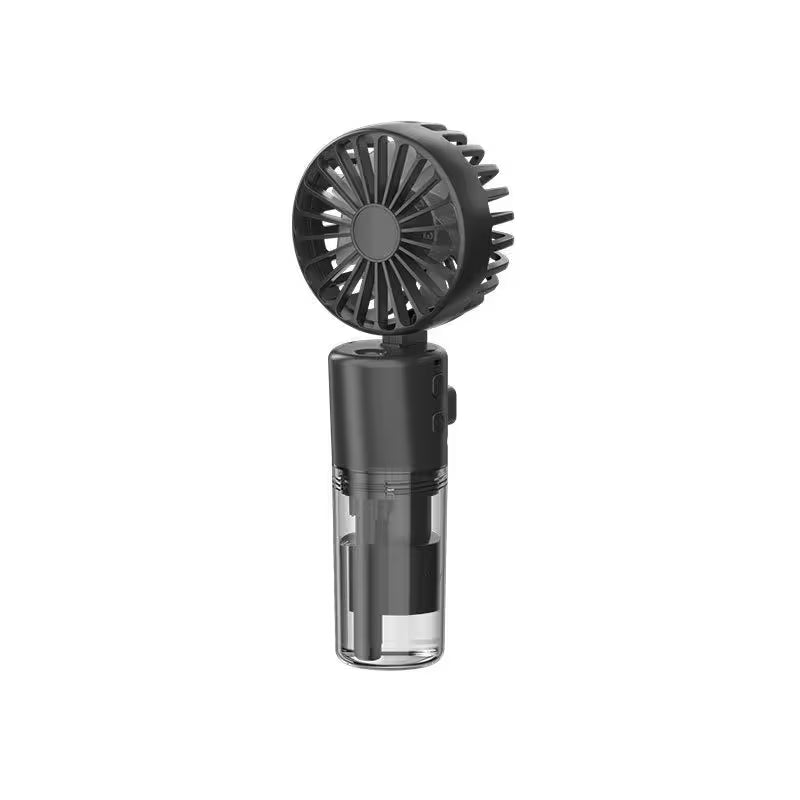Black handheld fan on a white background