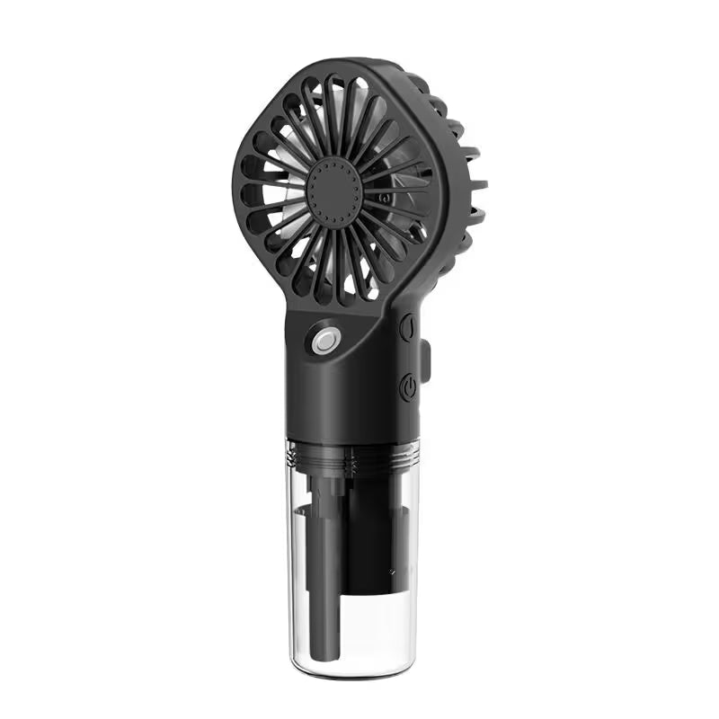 Black handheld fan with transparent base on a white background