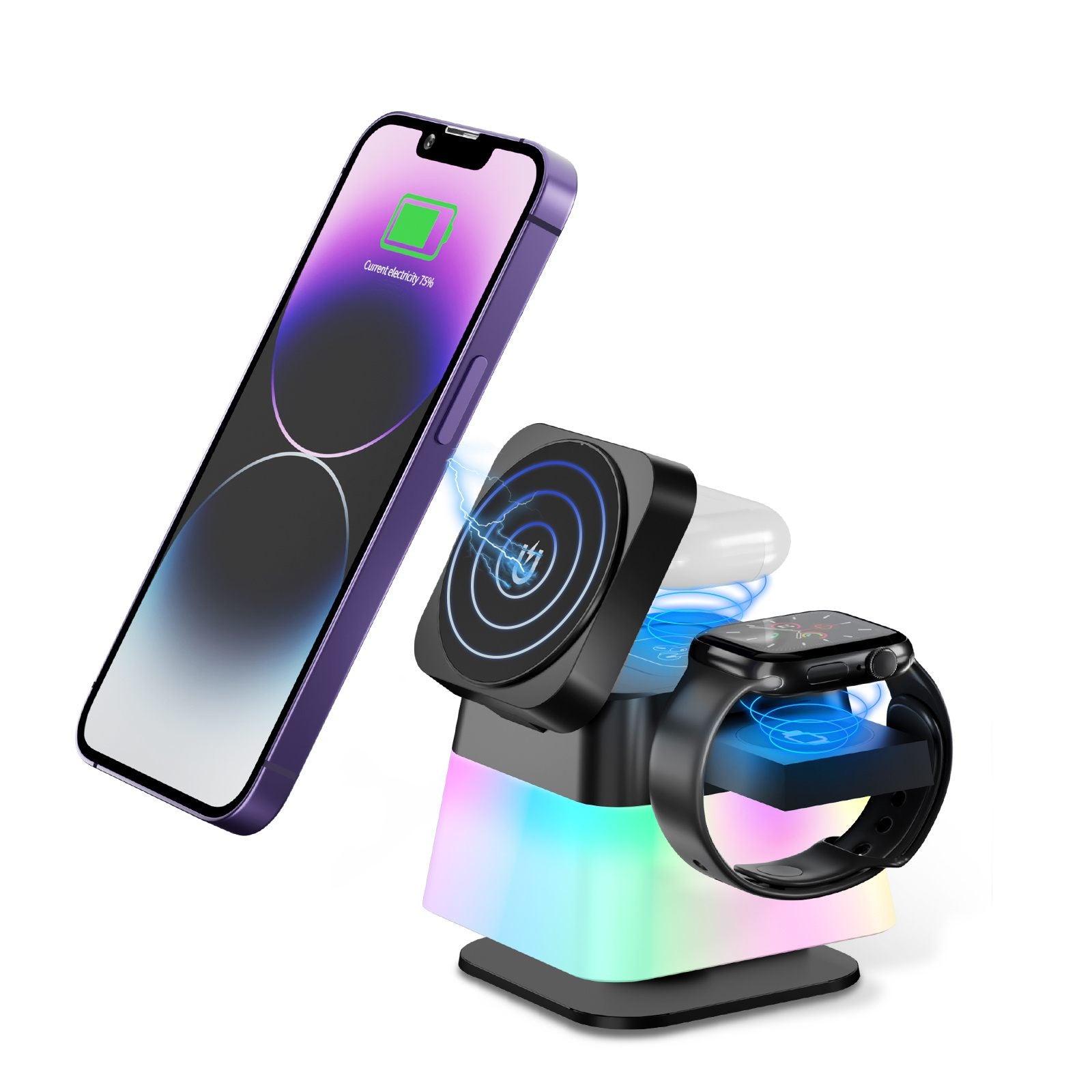 Multi-device wireless charging stand with smartphone, smartwatch, and Apple Watch on a white background