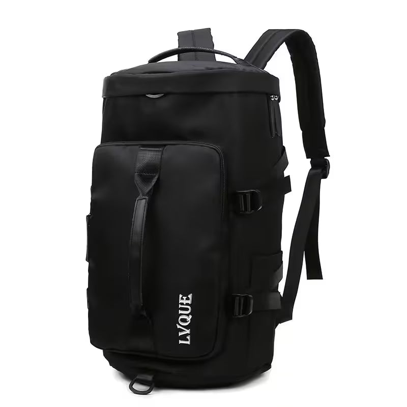 Black backpack with 'LYQUE' branding on a white background