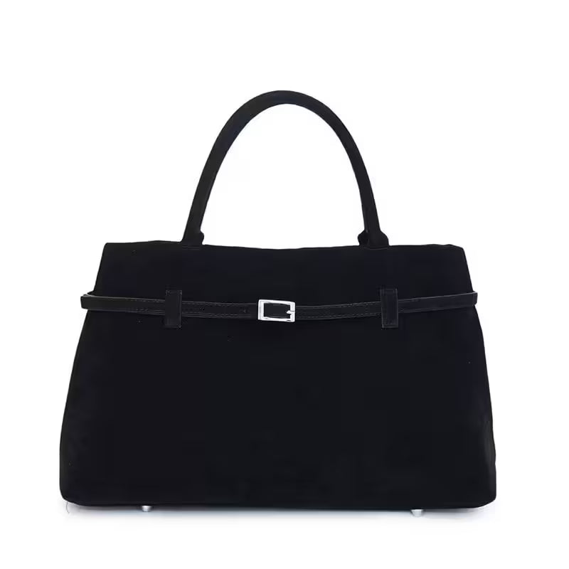 Black handbag with a silver buckle on a white background