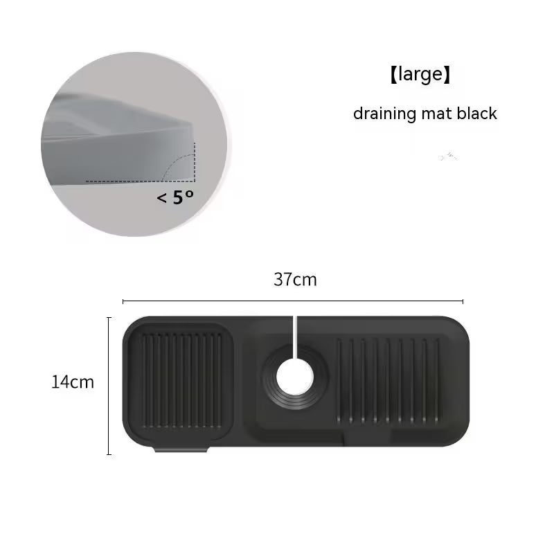 Black draining mat with measurements and angle indicator on a white background
