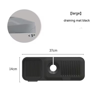 Black draining mat with measurements and angle indicator on a white background