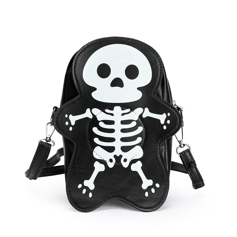 Black leather bag with a white skeleton design on a white background