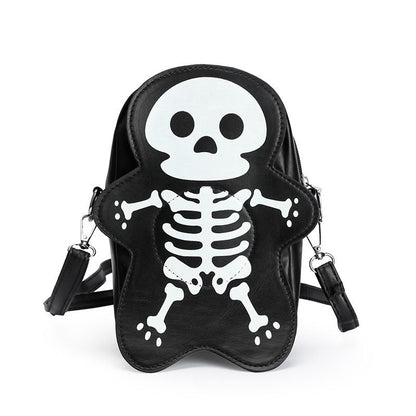 Black leather bag with a white skeleton design on a white background