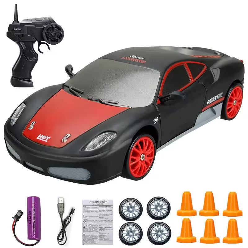 Toy car with remote control, battery, and accessories on a white background