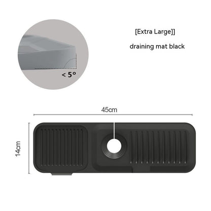 Black draining mat with measurements and text on a white background