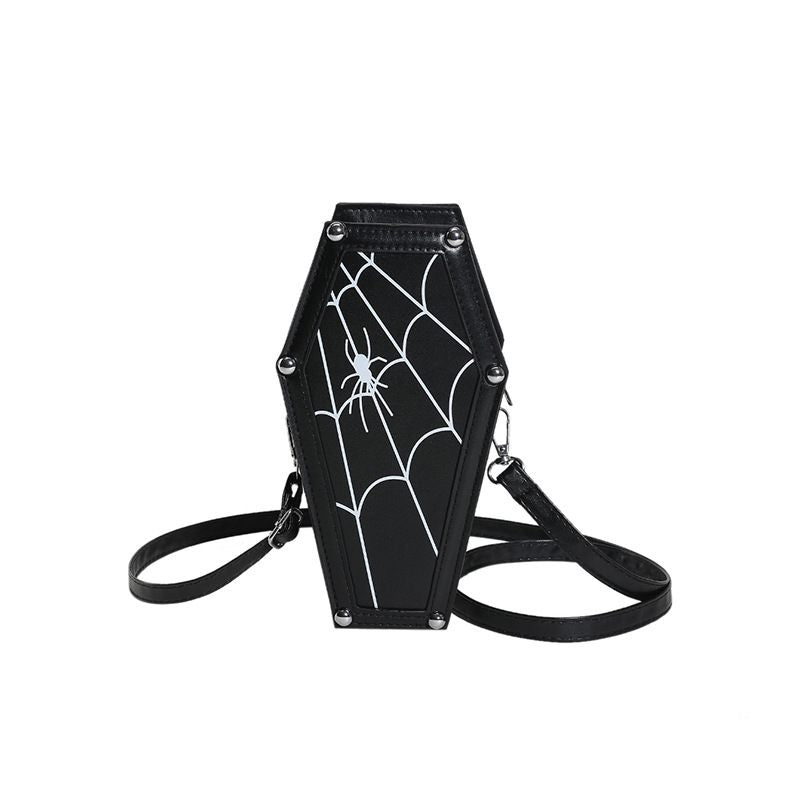 Black coffin-shaped handbag with spider web design on a white background