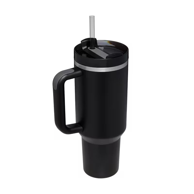 Black insulated mug with handle and straw on a white background