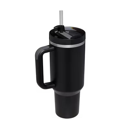 Black insulated mug with handle and straw on a white background