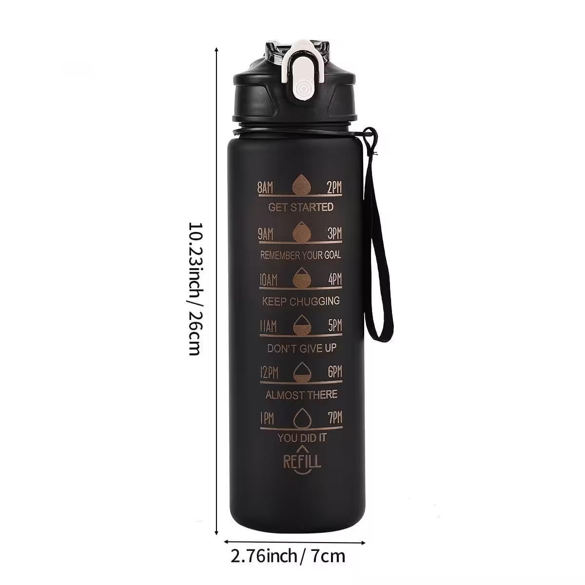 Black water bottle with motivational text and measurements on a white background